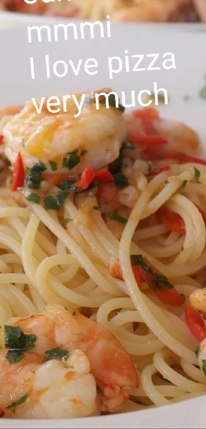 Appetizing shrimp pasta served with herbs on white plate.