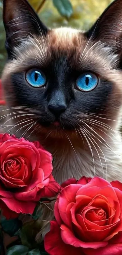 Siamese cat with blue eyes among red roses.