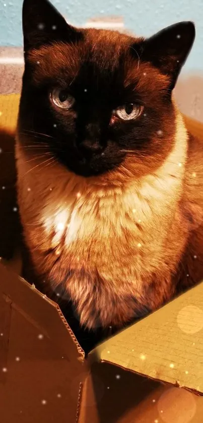 Siamese cat in a box with soft, glowing lights, perfect for mobile wallpaper.