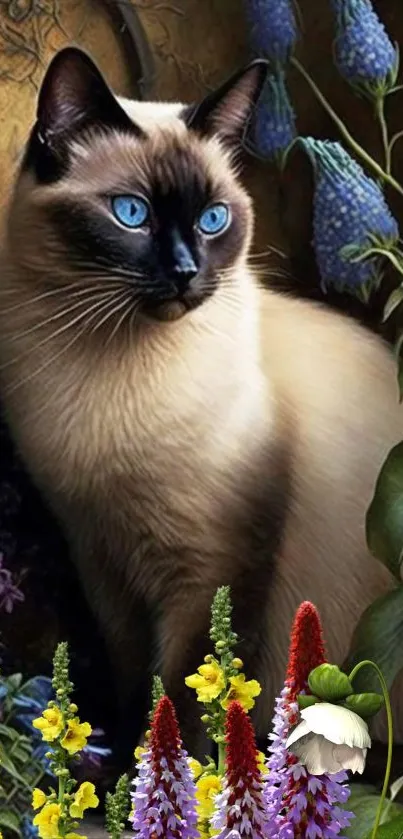 Siamese cat with blue eyes amidst colorful flowers.