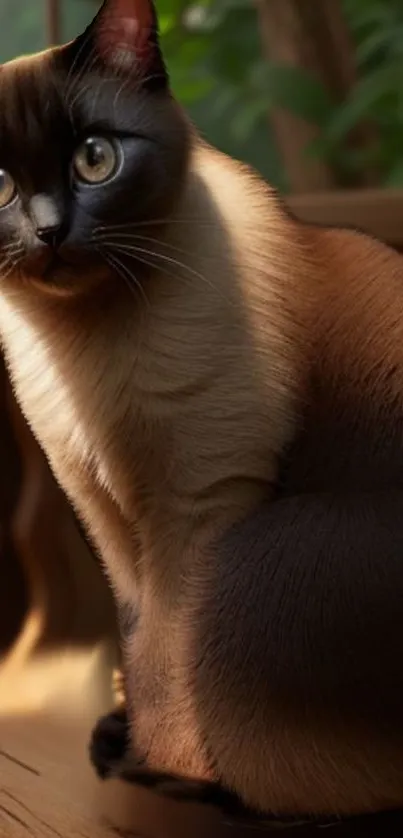 Siamese cat sitting in sunlight near a wooden structure.