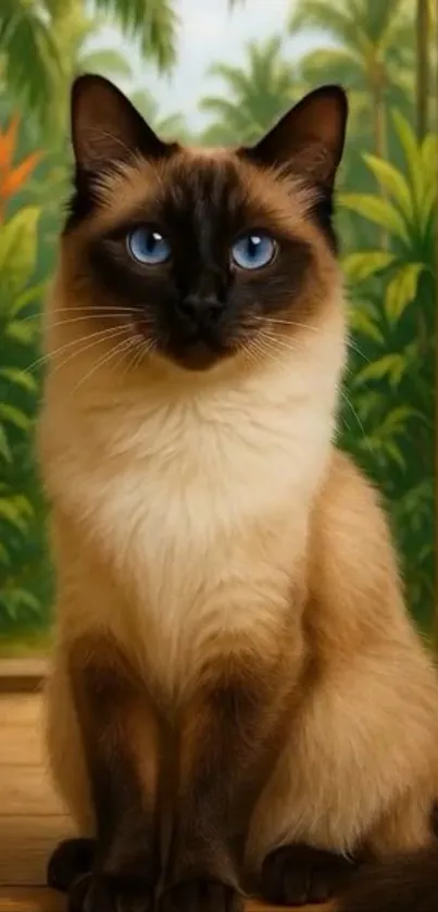 Siamese cat with blue eyes in jungle setting.