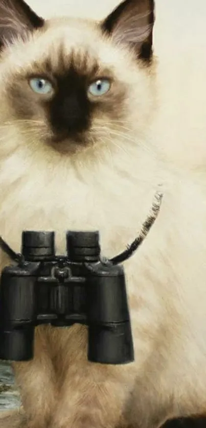 Siamese cat with binoculars around its neck, creating a quirky look.