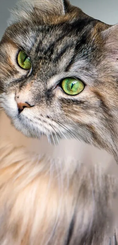 Green-eyed Siberian cat with golden brown fur gazing intently.