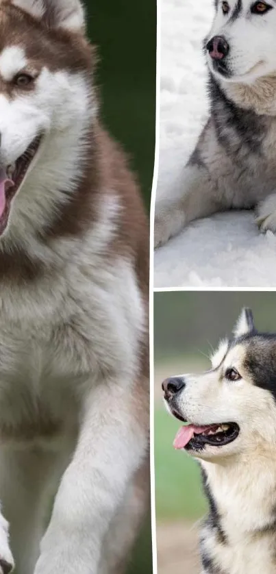 Collage of playful Siberian Huskies in different poses and settings.
