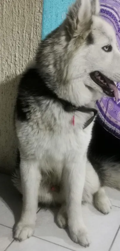 Siberian Husky sitting by a colorful wall.