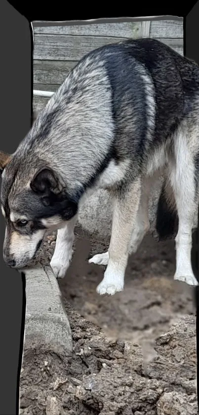 Siberian Husky with gray fur standing outdoors in nature.