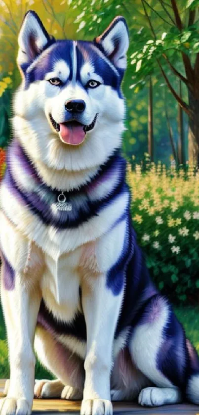 Siberian Husky in a lush garden with vibrant colors.