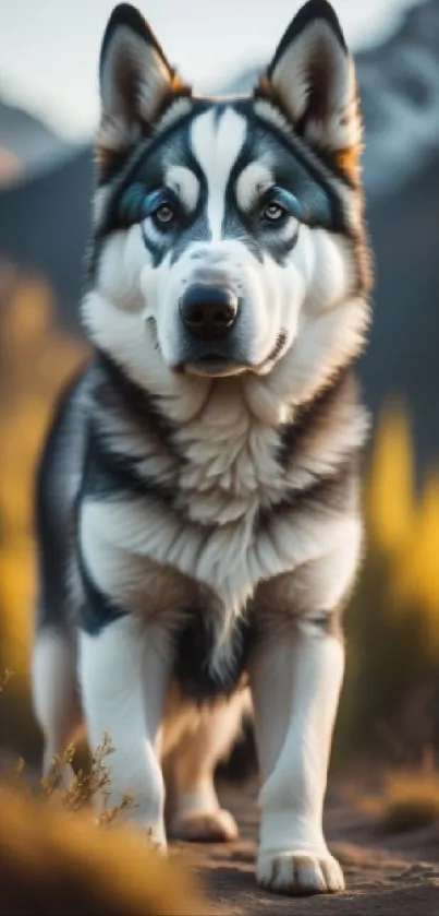 Siberian Husky standing in mountain landscape with golden light.