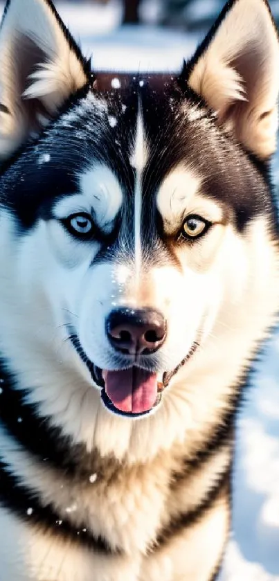 A Siberian husky with blue eyes in a snowy landscape mobile wallpaper.