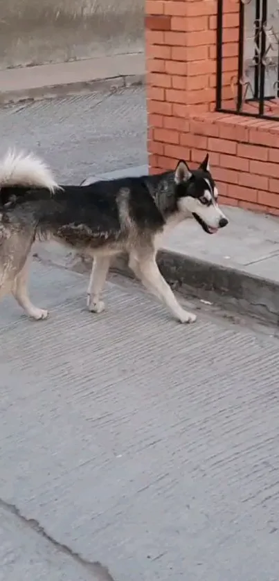 Siberian Husky walking on an urban street with a brick wall in the background.