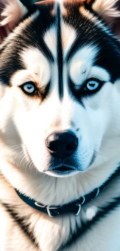 Majestic Siberian Husky with blue eyes in high-definition wallpaper.