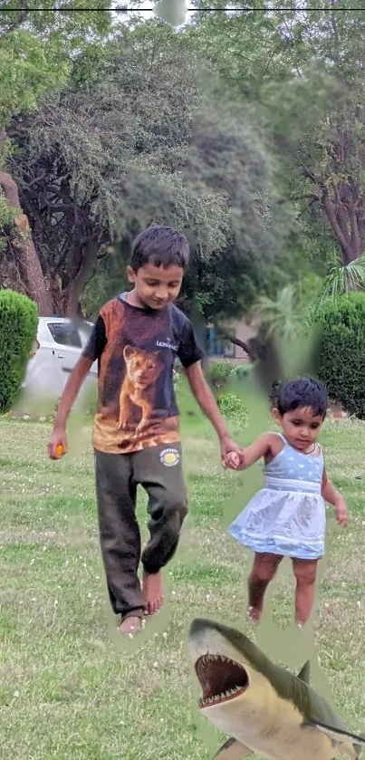 Two siblings walking hand in hand on a lush green lawn.