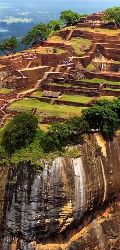 Sigiriya Rock Fortress with lush, terraced gardens and earthy tones.