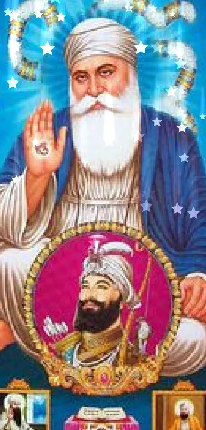 Sikh Guru vibrant portrait with blue background, displaying historical significance.