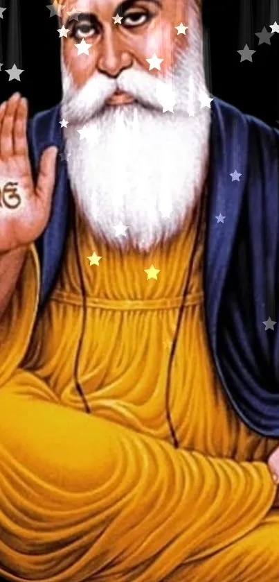 Vibrant Sikh Guru wallpaper with spiritual symbols and calming colors.