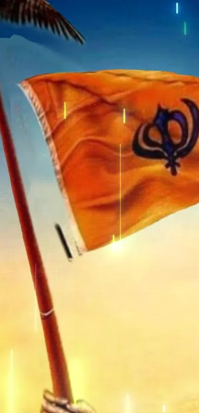 Orange Sikh Nishan Sahib waving in the sky with a blue gradient background.