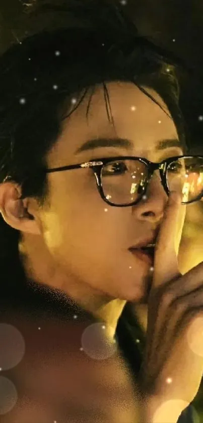 Person in glasses with candlelit background whispering.