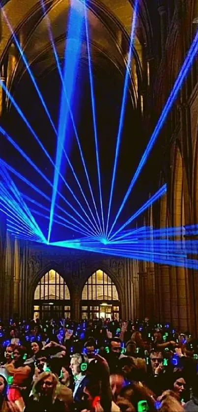 Silent disco with blue laser lights in a cathedral setting.