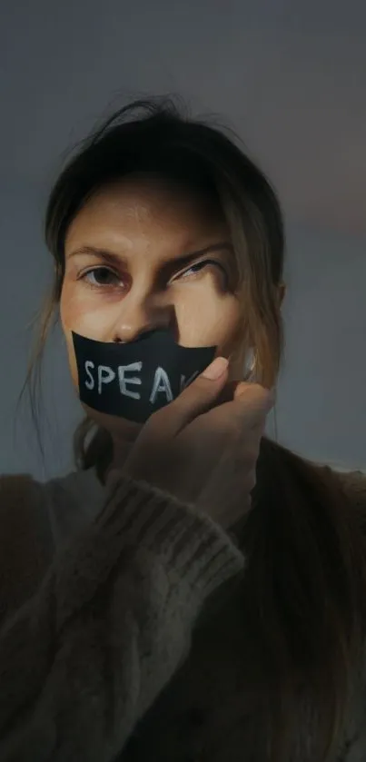 Woman with taped mouth, speaking silence theme.