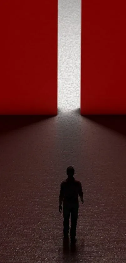 Silhouette stands in front of a bright red light, creating a striking contrast.