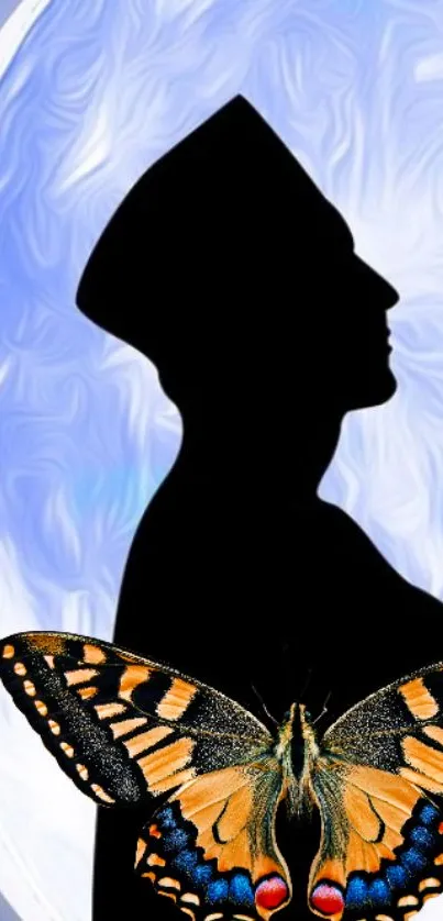 Silhouette with colorful butterfly on blue background.