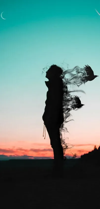 Silhouette against a vibrant sunset with birds in a teal and orange sky.