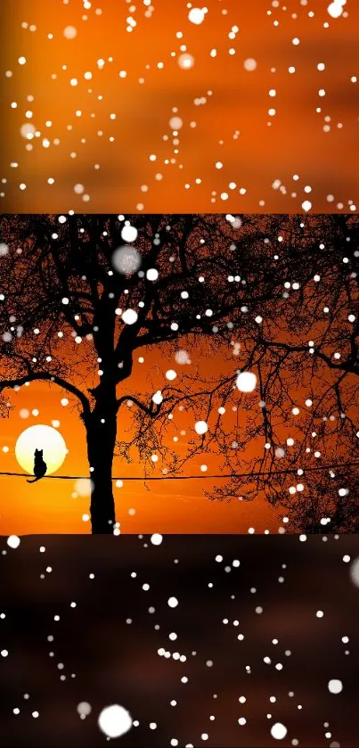 Cat silhouette on branch with sunset background and snowflakes.