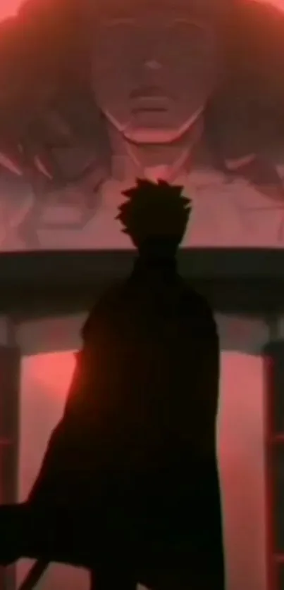 Anime silhouette with red backdrop, mysterious art.