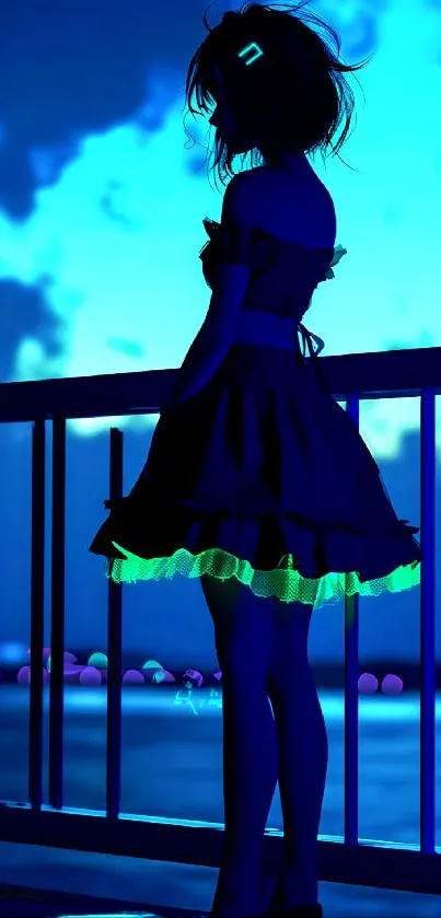 Silhouette of an anime girl at a neon-lit beach.