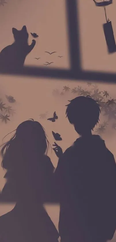 Anime silhouette of couple by window at dusk, with cat and butterflies.