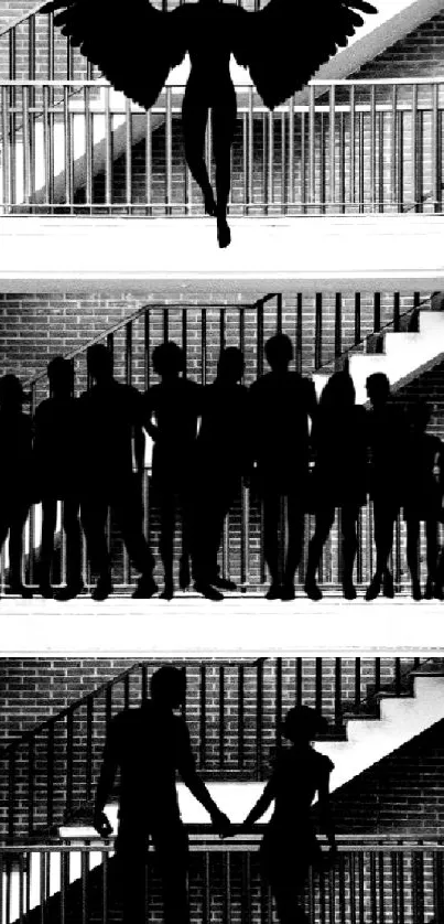 Silhouette artwork of angel and people on stairs in black and white.