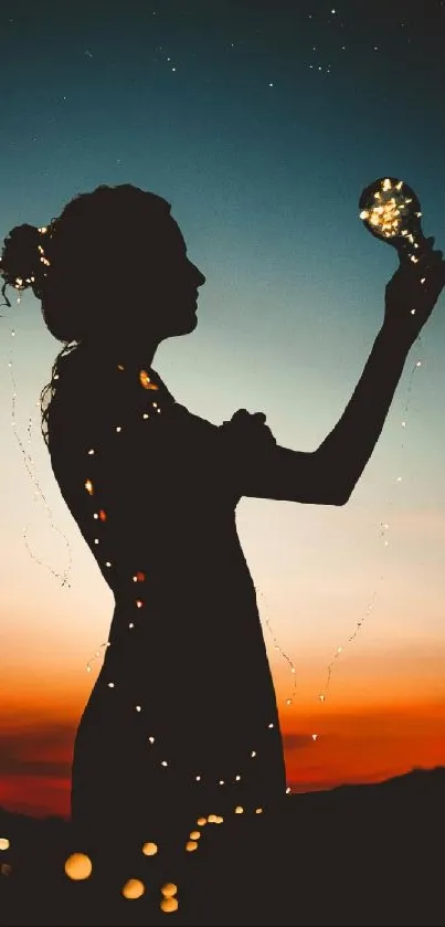 Silhouette with lights at sunset, mobile wallpaper.