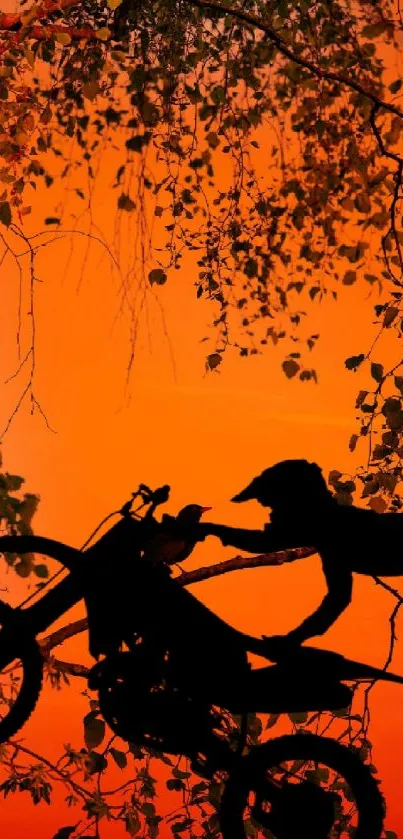 Motorcycle silhouette jumps against vivid orange sunset backdrop.