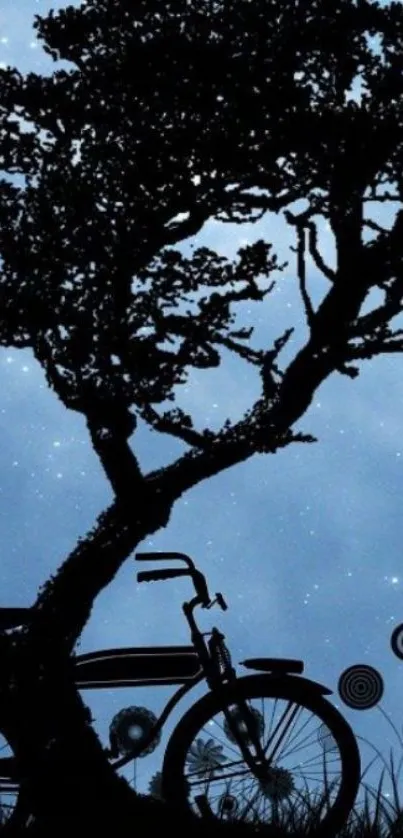 Silhouette of a tree and bicycle under a starry night sky wallpaper.