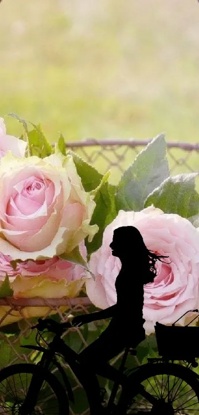 Silhouette of woman biking past pink roses on a soft green background.