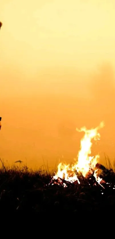 Silhouette of person by a glowing campfire under an orange sky.