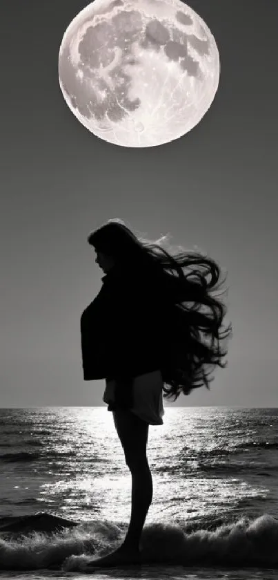 Silhouette on moonlit beach with ocean waves