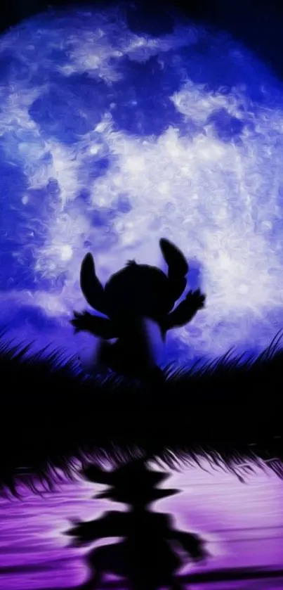 Silhouette of a character by purple moonlit night reflecting on water.