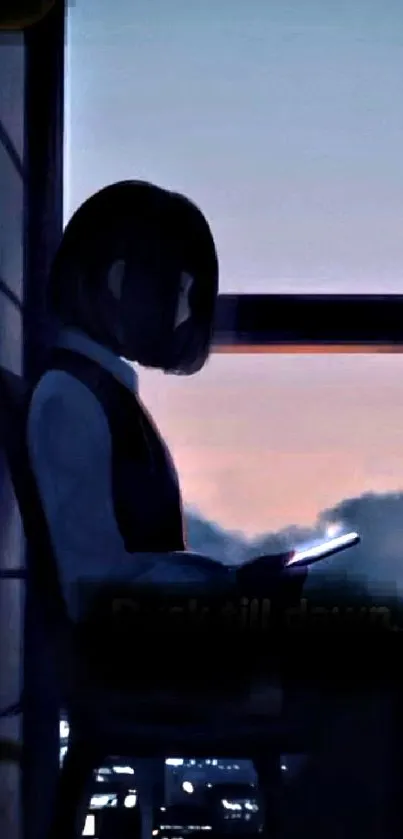 Silhouette of person by window in twilight.