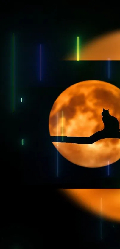 Silhouette of a cat against a glowing orange moon with light streaks.