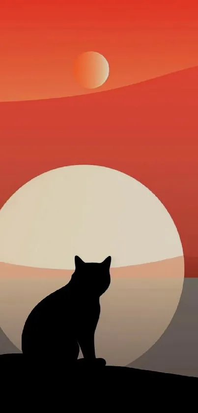Mobile wallpaper featuring a cat silhouette against a vibrant red sunset.