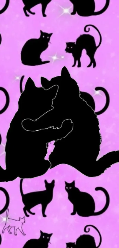 Black cat silhouettes on a vibrant pink background.