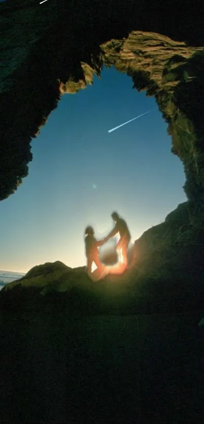 Silhouette in a cave during a sunset with a scenic view.