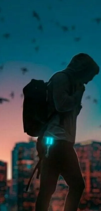 Silhouette of a person against a cityscape with teal and neon accents.