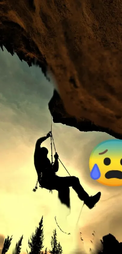 Silhouette of climber on a cliff with sunset sky and expressive emoji.