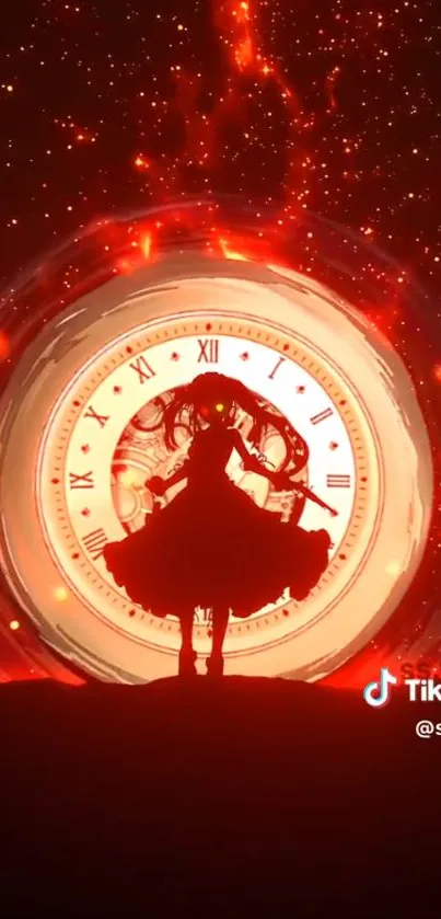 Anime character silhouette in front of a fiery red clock face.