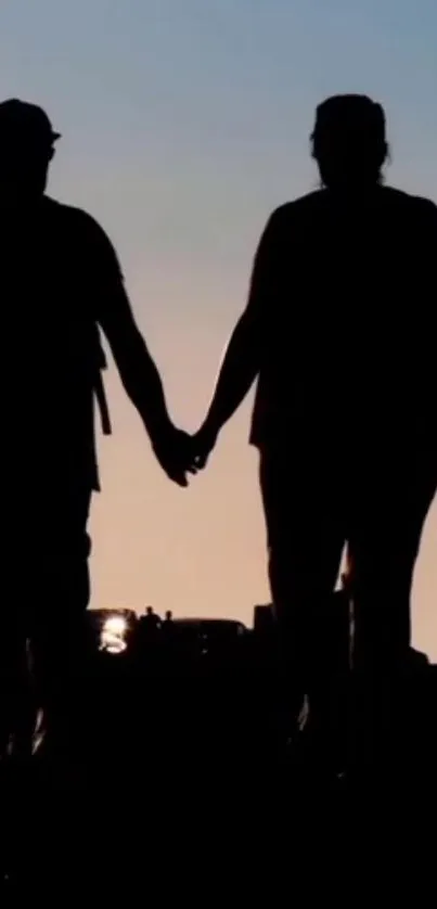 Silhouette of a couple holding hands at sunset in peaceful scenery.