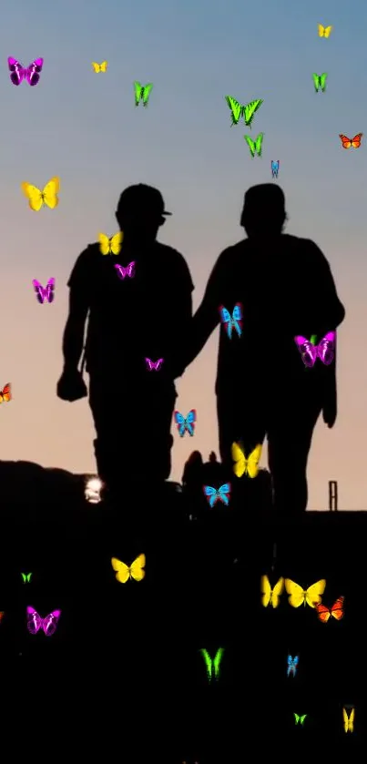 Couple silhouette with colorful butterflies in serene evening sky backdrop.