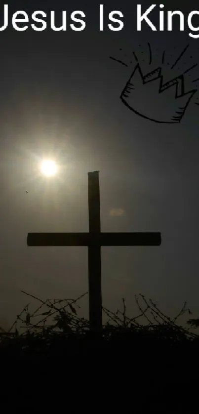 Silhouette of cross with sun and crown illustration.